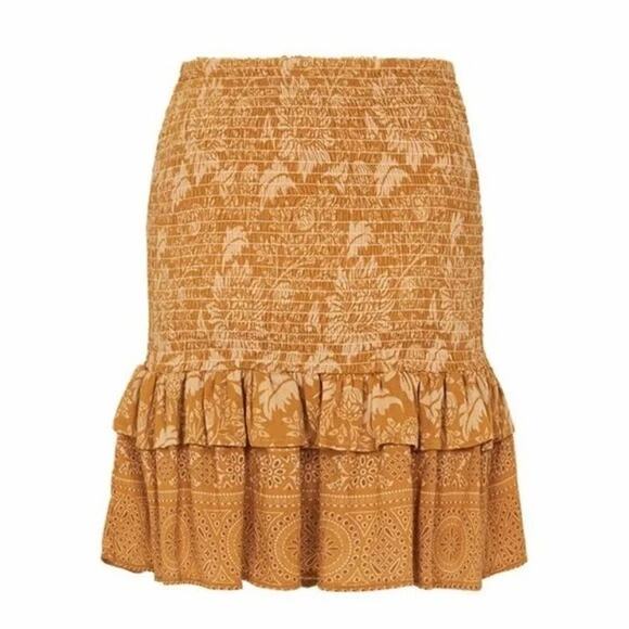 Spell & The Gypsy Lioness Ruched Mini Skirt Ruffle Smocked Caramel Tan Medium - Picture 3 of 14